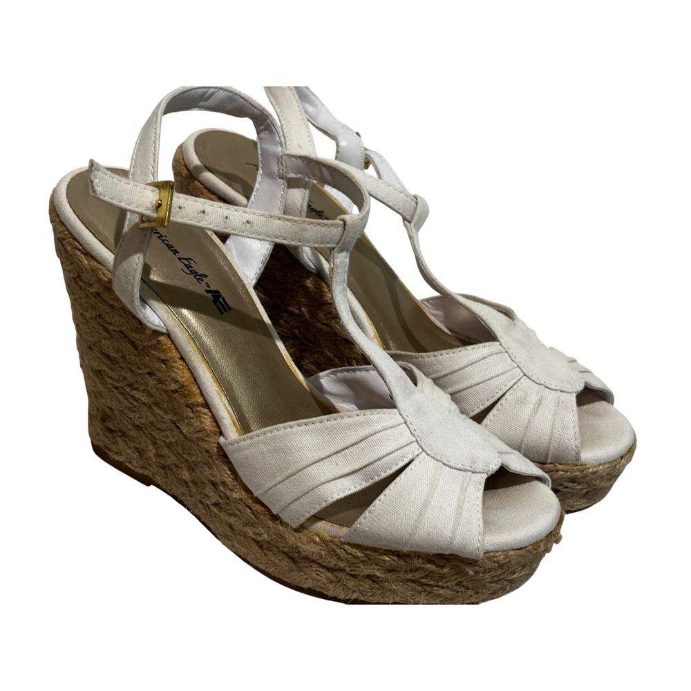 American Eagle White Cream Canvas Espadrille‎ Wedge Sandals T-Strap sz 7.5 boho